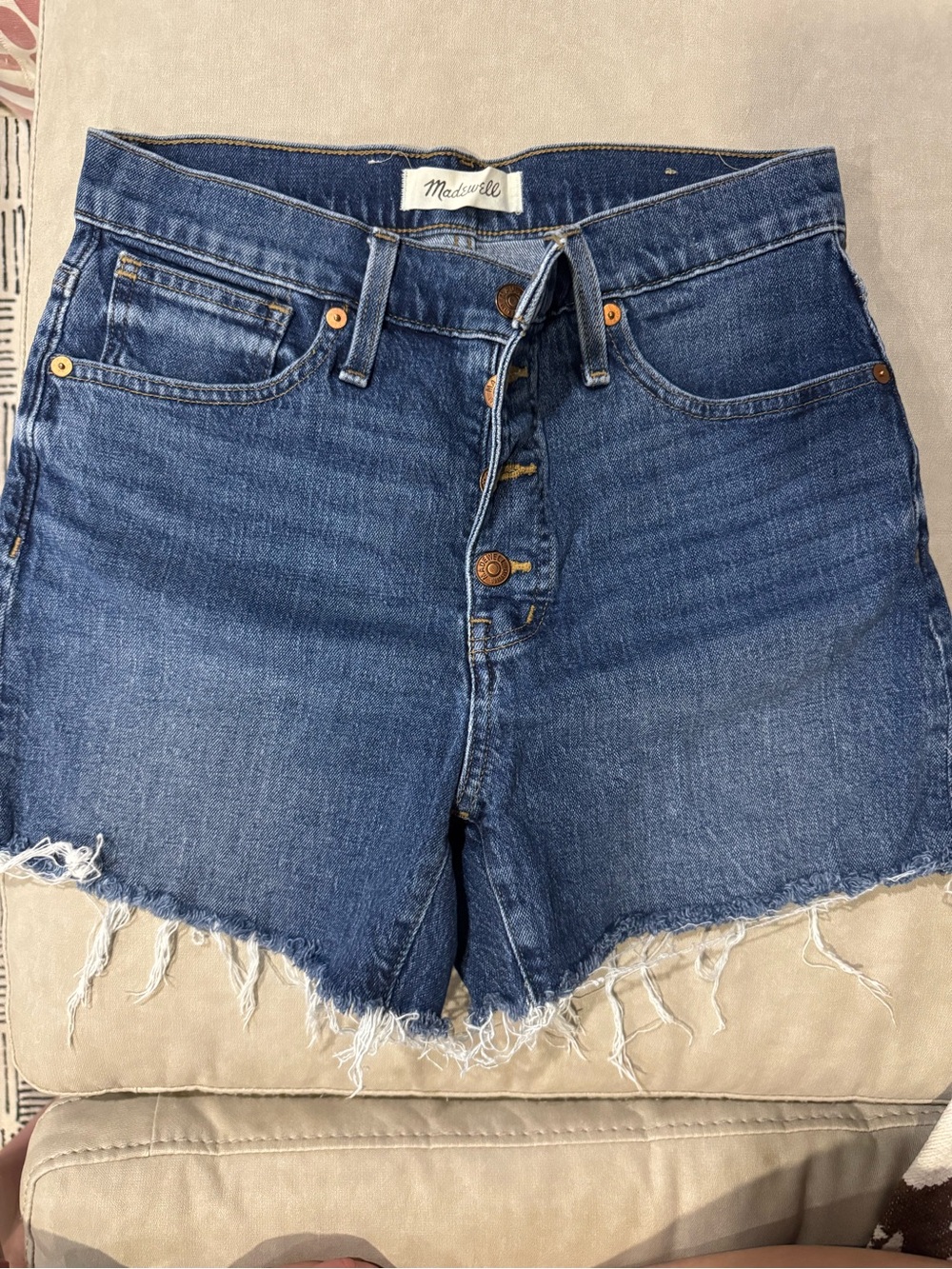 Madewell Medium Blue Button-Fly Frayed Hem Denim Shorts
